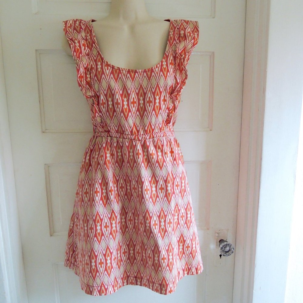 Anthro Tulle Red & Tan Ikat Print Ruffle Sleeve Dress L